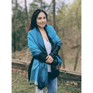 Turquoise Alpaca Shawl Handmade | Large Striped Blue Scarf